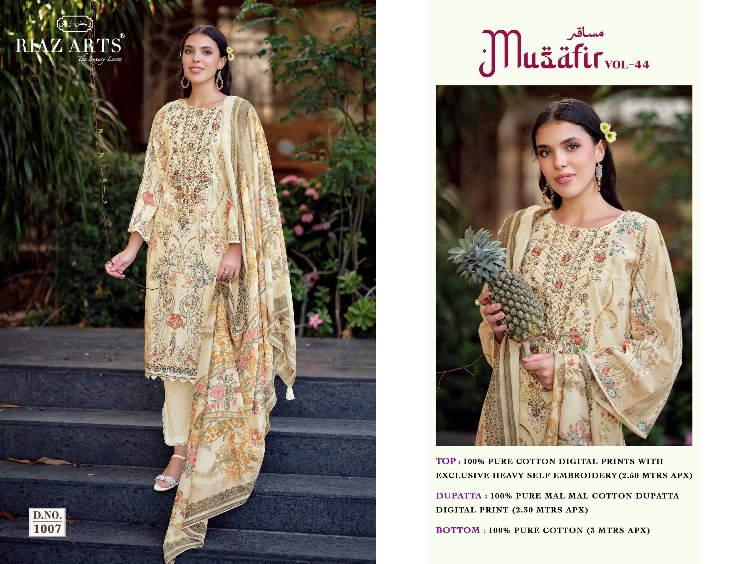 MUSAFIR VOL-44 By RIAZ ARTS 1001 To 1008 Series Beautiful Festive Suits Stylish Colorful Fancy Casual Wear Pure Cotton Dresses At Wholesale Price